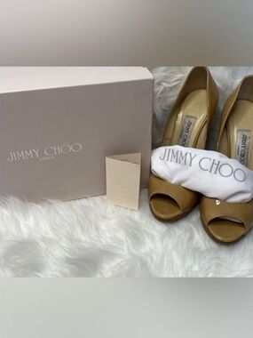 Jimmy Choo Nude Patent Leather Peep-Toe Pumps with Wooden Heels. Authentic